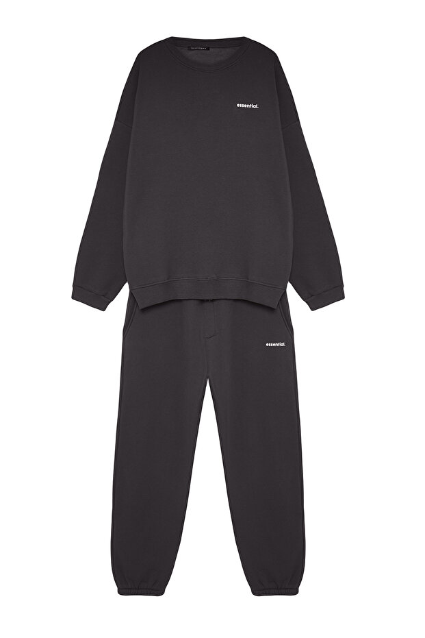 Antrasit Oversize/Geniş Kesim Yazı Baskılı Sıcak Tutan Sweatshirt Eşofman Takım TMNAW24EM00004 - 10