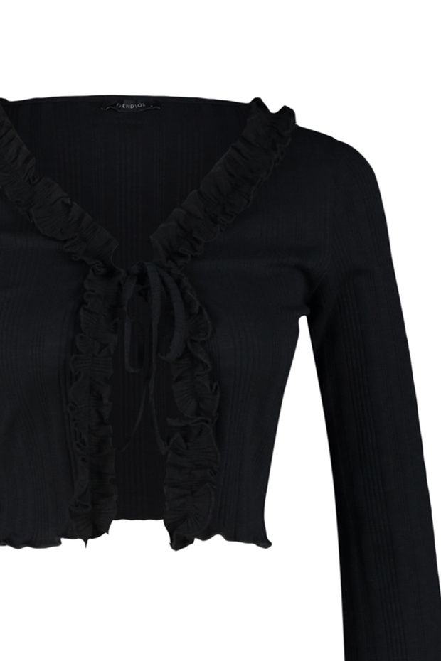 Siyah Fırfır Detaylı Önden Bağlamalı Fitilli Esnek Crop Örme Bluz TWOAW24BZ00109 - 7