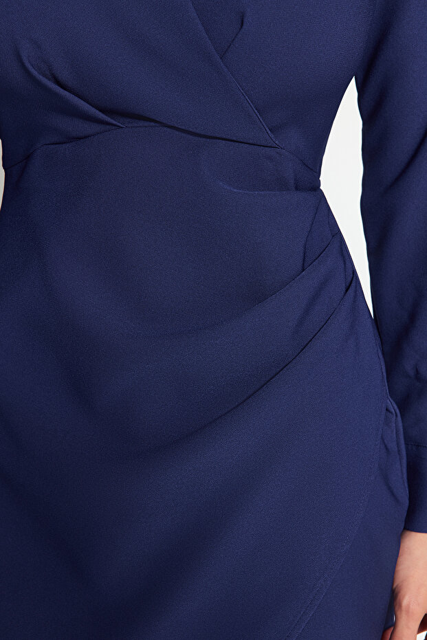 Lacivert Kruvaze Mini Drape Detaylı Dokuma Elbise TWOAW24EL00737 - 5