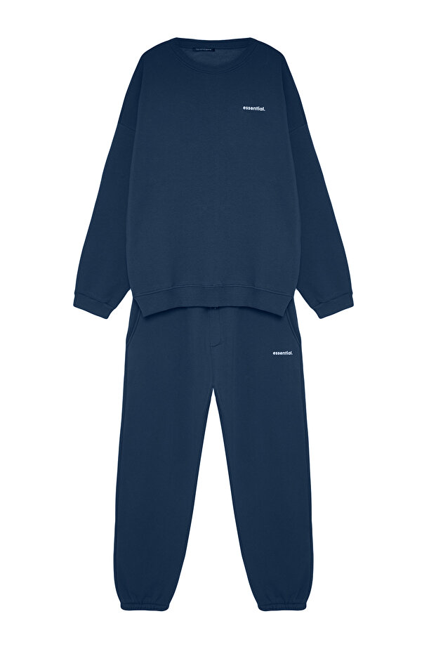 Indigo Oversize/Geniş Kesim Yazı Baskılı Sıcak Tutan Sweatshirt Eşofman Takım TMNAW24EM00004 - 8