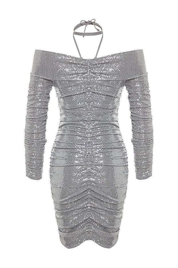 Pletené flitrované stříbrné krátké šaty - TPRAW24EL00095 - 8