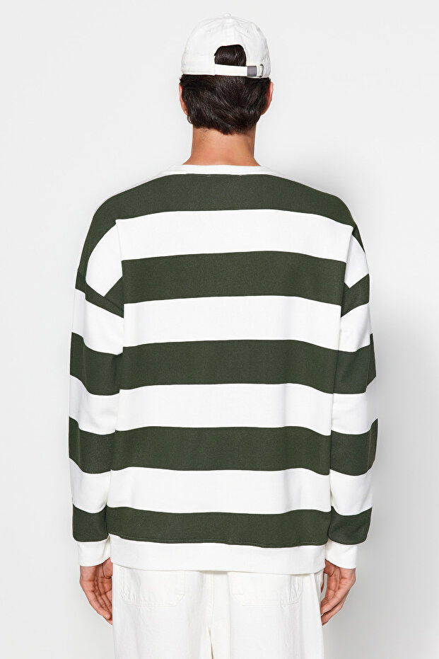 Yeşil Unisex Oversize/Geniş Kesim Çizgili İçi Polar/Sıcak Tutan Pamuk Sweatshirt TMNAW24SW00098 - 6