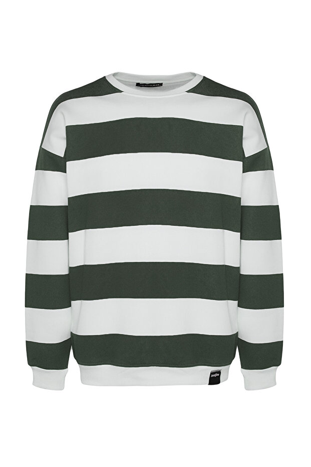 Yeşil Unisex Oversize/Geniş Kesim Çizgili İçi Polar/Sıcak Tutan Pamuk Sweatshirt TMNAW24SW00098 - 7