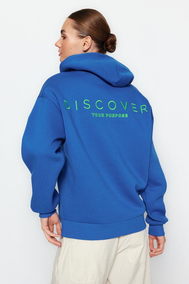 Cobalt Blue Hooded Back Printed Oversize/Wide Fit Thick Fleece Inside Knitted Sweatshirt TWOAW24SW00214