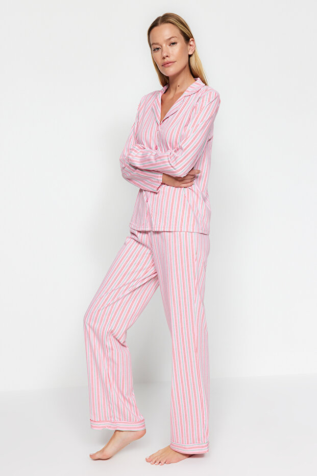 Pembe %100 Pamuklu Çizgili Gömlek-Pantolon Örme Pijama Takımı THMAW24PT00144 - 3