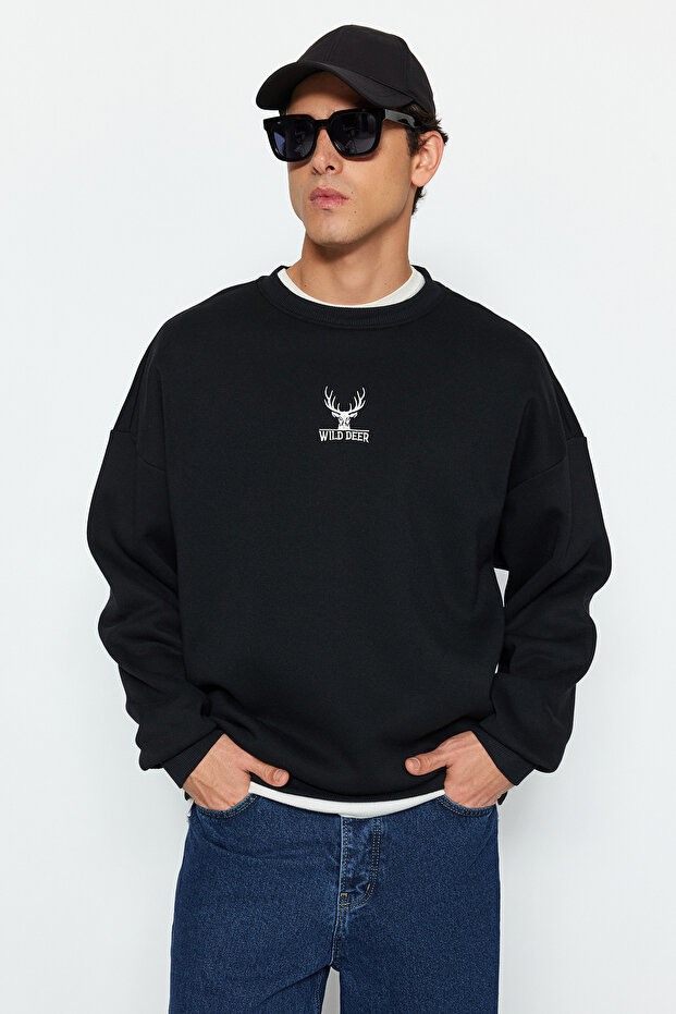 Siyah Oversize/Geniş Kesim Uzun Kol Hayvan Nakışlı Sweatshirt TMNAW24SW00169 - 1