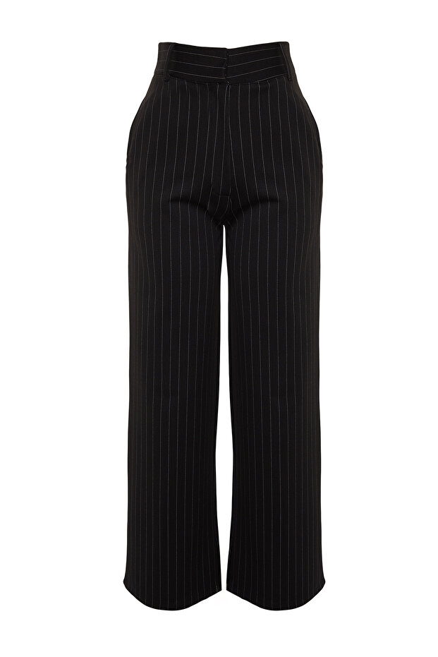 Siyah Çizgili Straight Fit Yüksek Bel Örme Pantolon TWOAW24PL00222 - 8