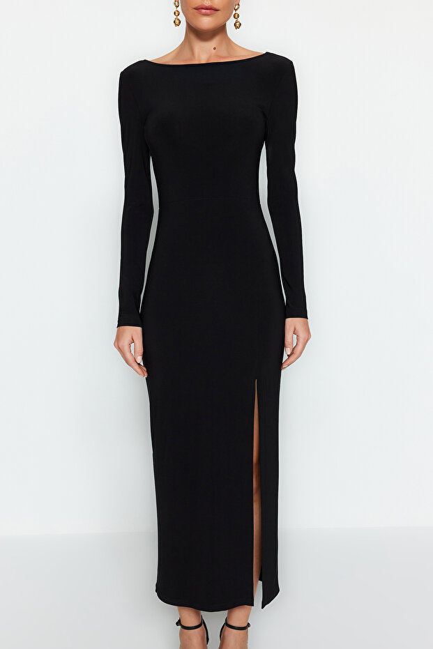 Siyah Kayık Yaka Sırt Dekolteli Yırtmaçlı Fitted/Vücuda Oturan Maxi Esnek Örme Elbise TWOAW24EL00824 - 4