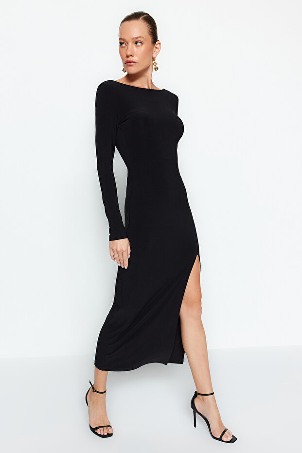 Siyah Kayık Yaka Sırt Dekolteli Yırtmaçlı Fitted/Vücuda Oturan Maxi Esnek Örme Elbise TWOAW24EL00824 - 1