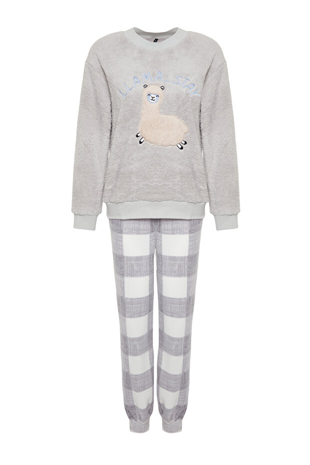 Gri Wellsoft Lama Desenli Kışlık Örme Pijama Takımı THMAW24PT00029 - 9