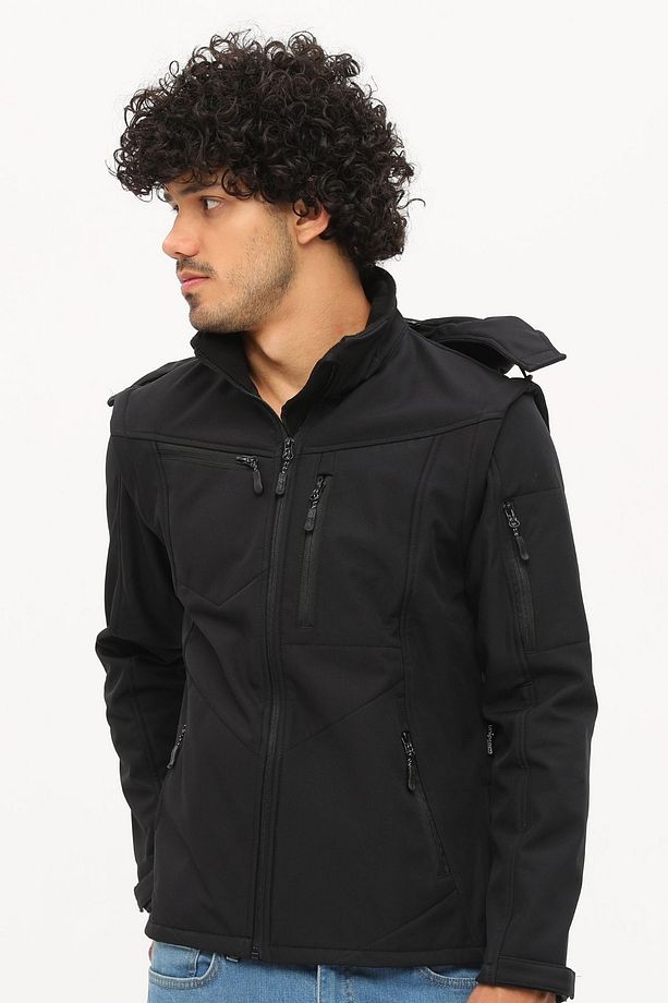 Taktikal Softshell Mont Kollar ve Kapşon Çıkabilir Erkek Siyah - 3
