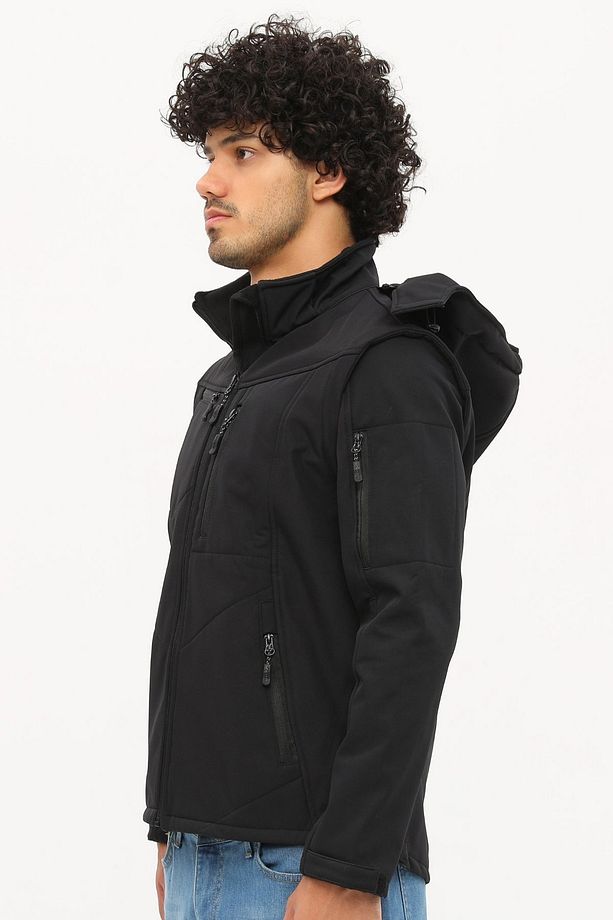 Taktikal Softshell Mont Kollar ve Kapşon Çıkabilir Erkek Siyah - 4
