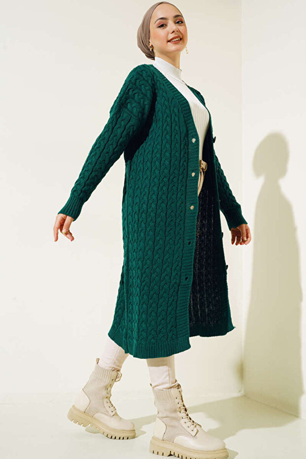 377 Buttoned Long Knitwear Cardigan Emerald Green