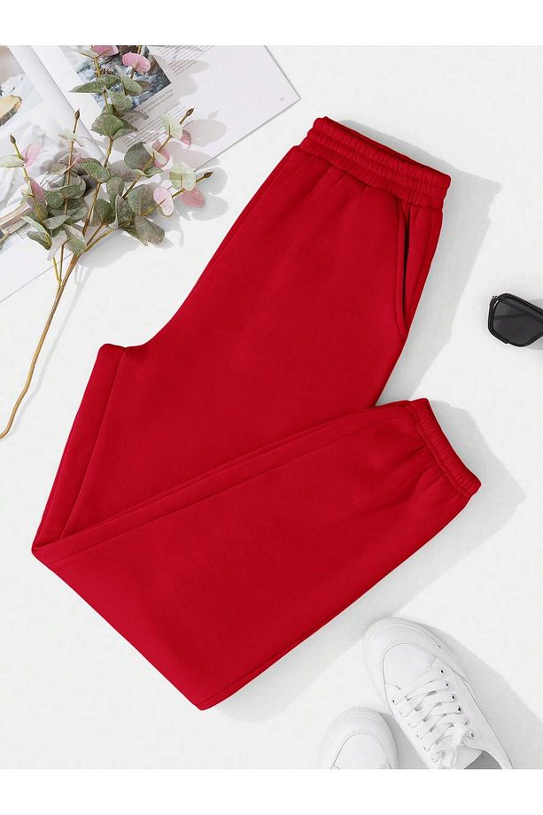 Solid Elastic Waist Slant Pocket 4 Mevsim Eşofman - 4