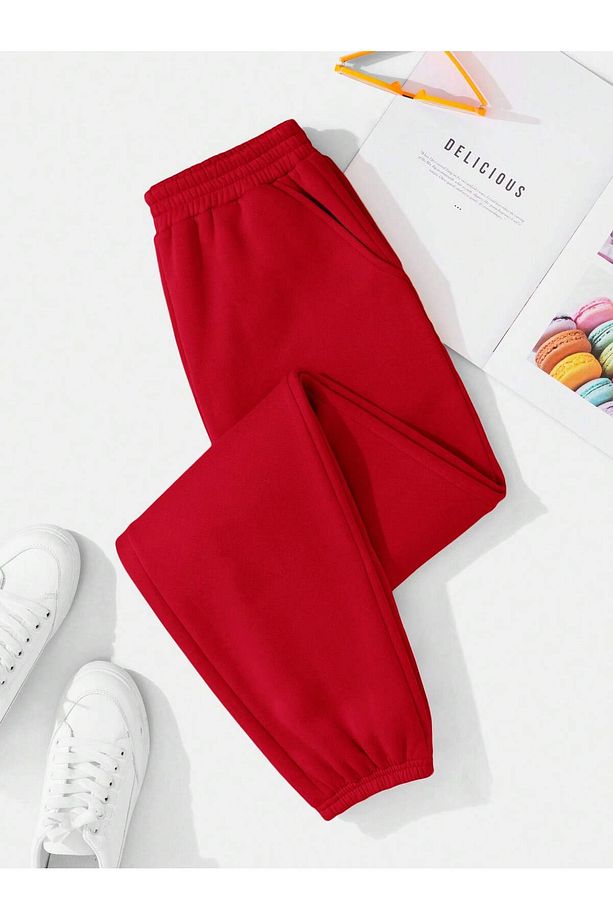 Solid Elastic Waist Slant Pocket 4 Mevsim Eşofman - 1