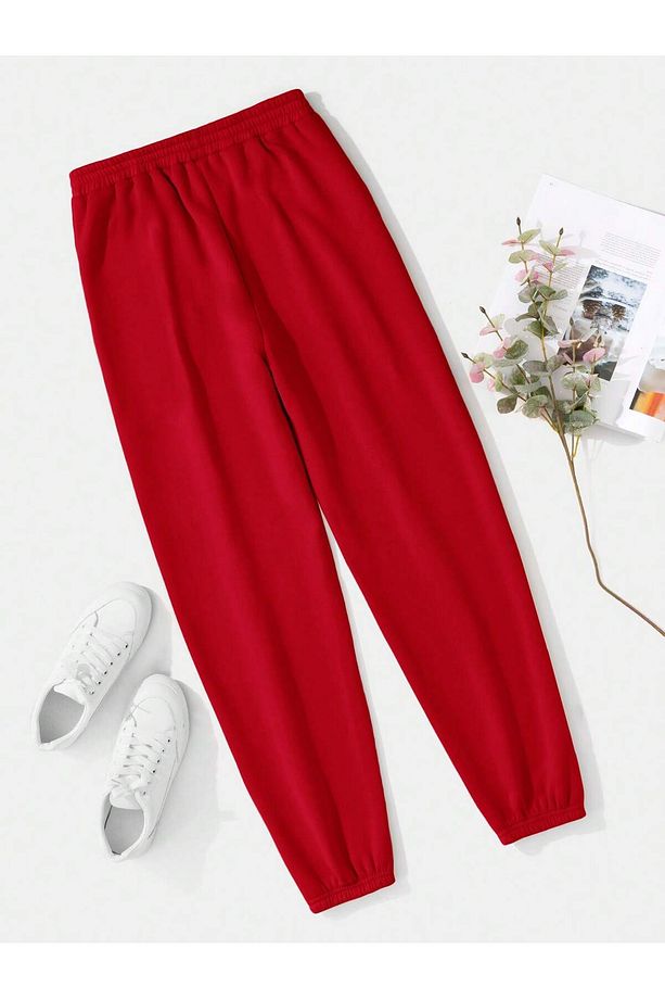 Solid Elastic Waist Slant Pocket 4 Mevsim Eşofman - 3
