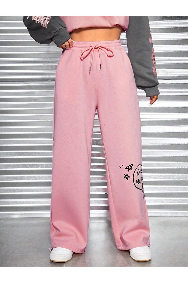 Heart and Graphic Drawstring Waist Wide Leg 4 Mevsim Eşofman - 3