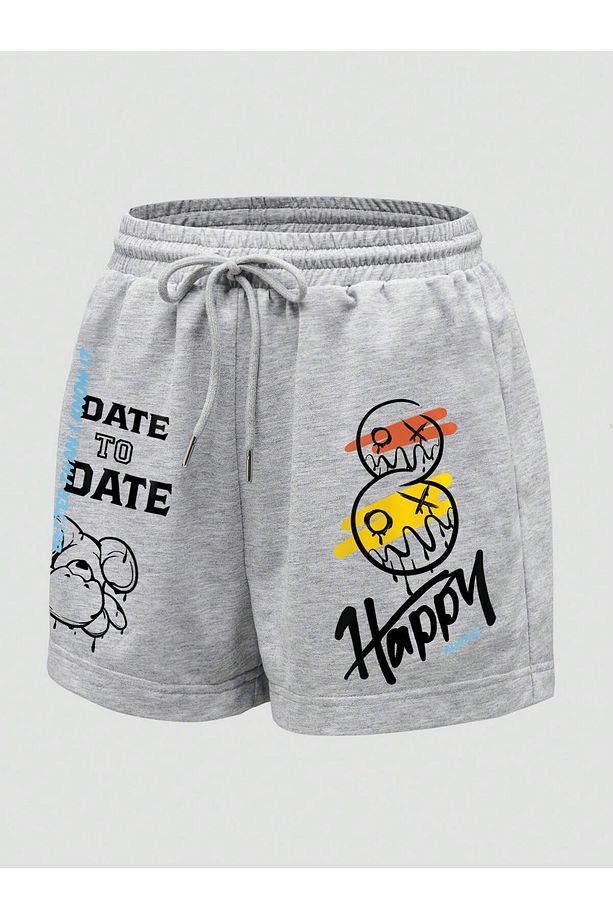 Cartoon & Letter Graphic Drawstring Waist Şort - 3