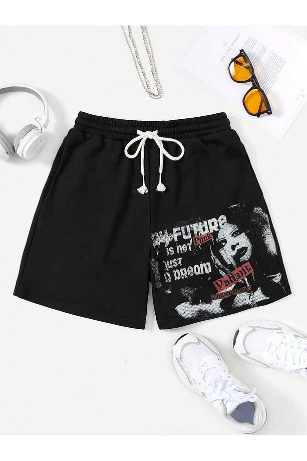Coolane Letter Graphic Drawstring Waist Şort - 1