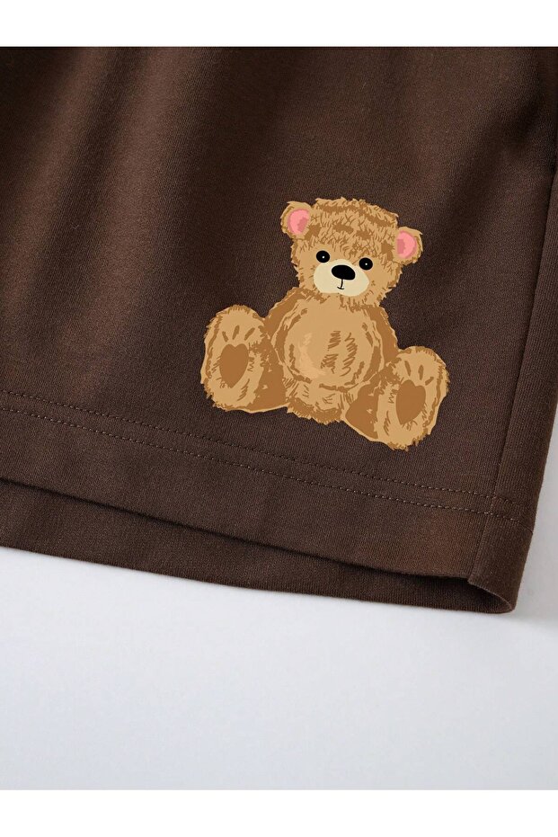 Bear Print Drawstring Waist Şort - 3