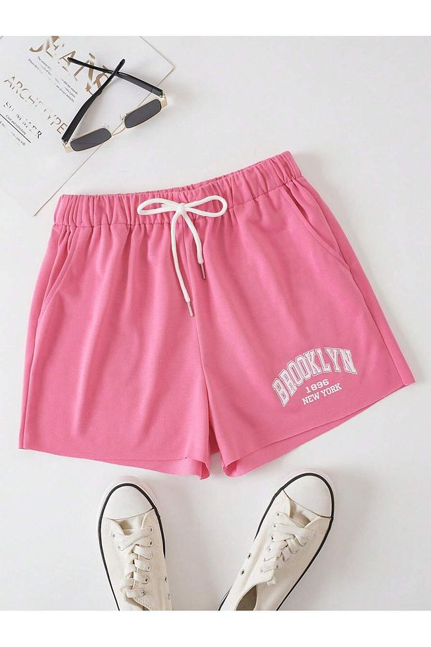 Letter Graphic Drawstring Waist Şort - 1
