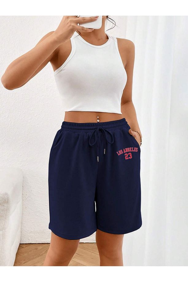 Letter Graphic Drawstring Waist Şort - 3
