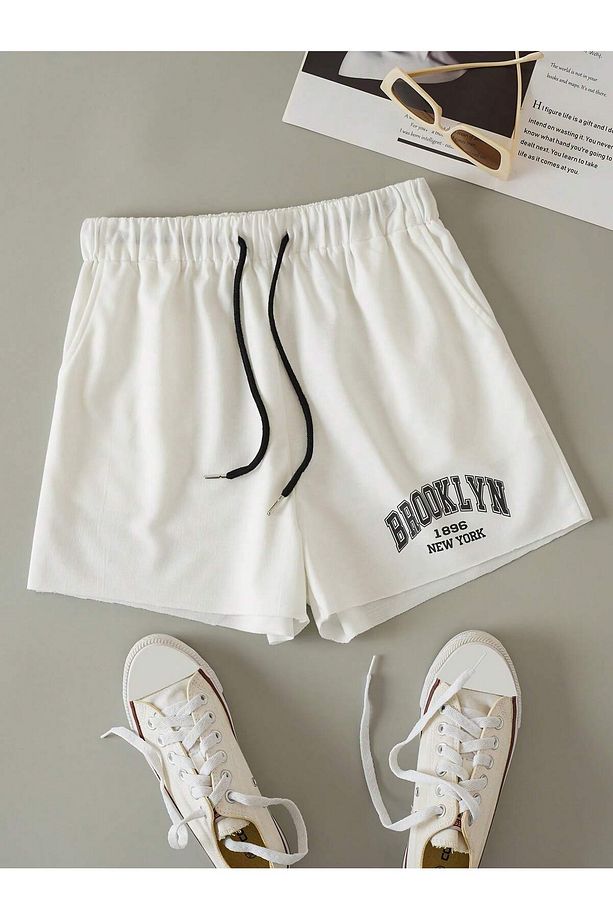 Letter Graphic Drawstring Waist Şort - 1