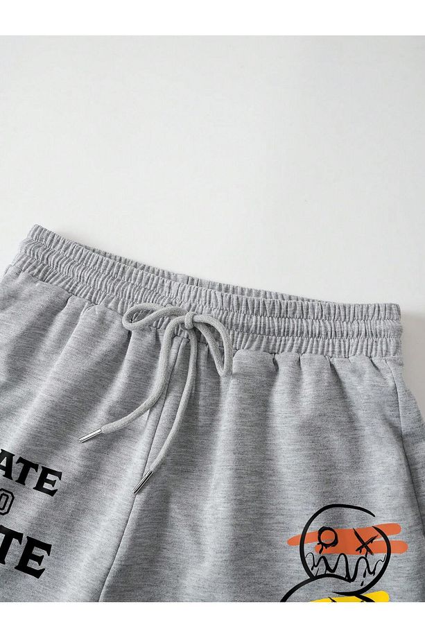 Cartoon & Letter Graphic Drawstring Waist Şort - 4