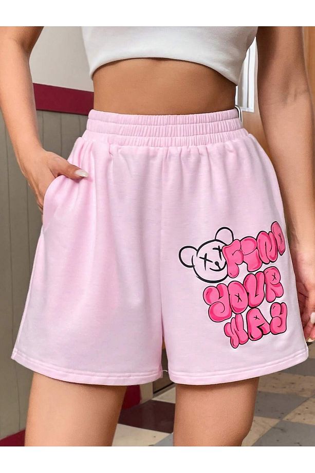 Qutie Slogan & Cartoon Graphic Slant Pocket Track Şort - 1