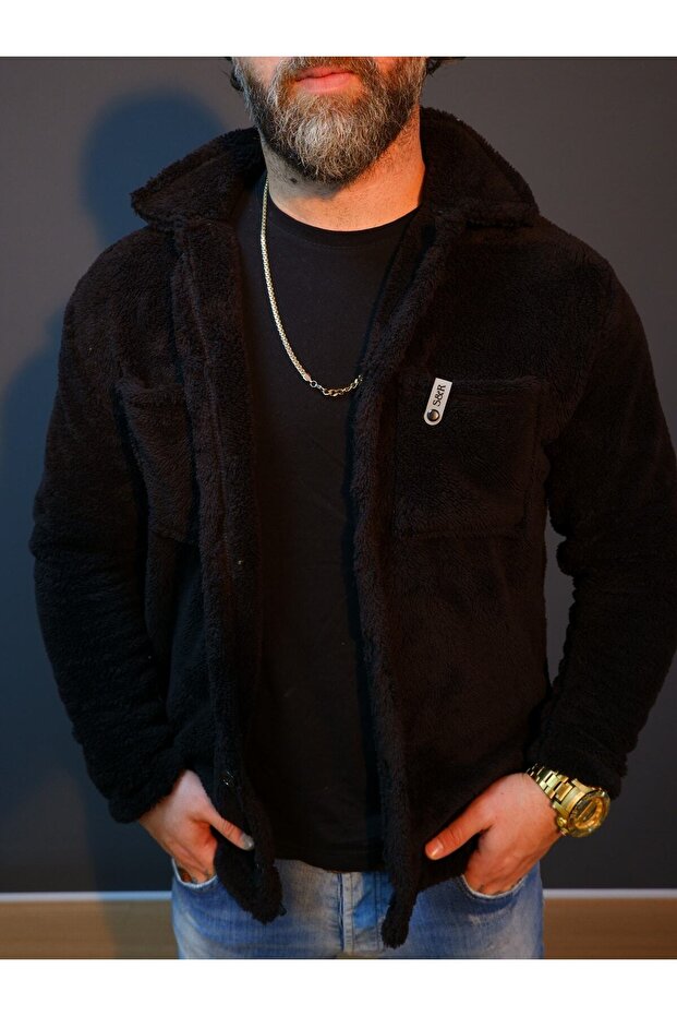 Siyah Peluş Kıslık Dugmelı Ceket - 6