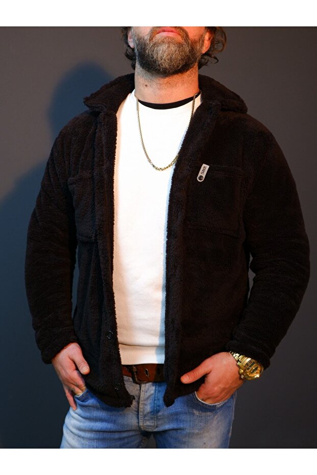 Siyah Peluş Kıslık Dugmelı Ceket - 5