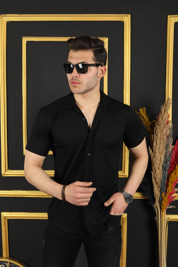 Ribbed Open Collar Shirt