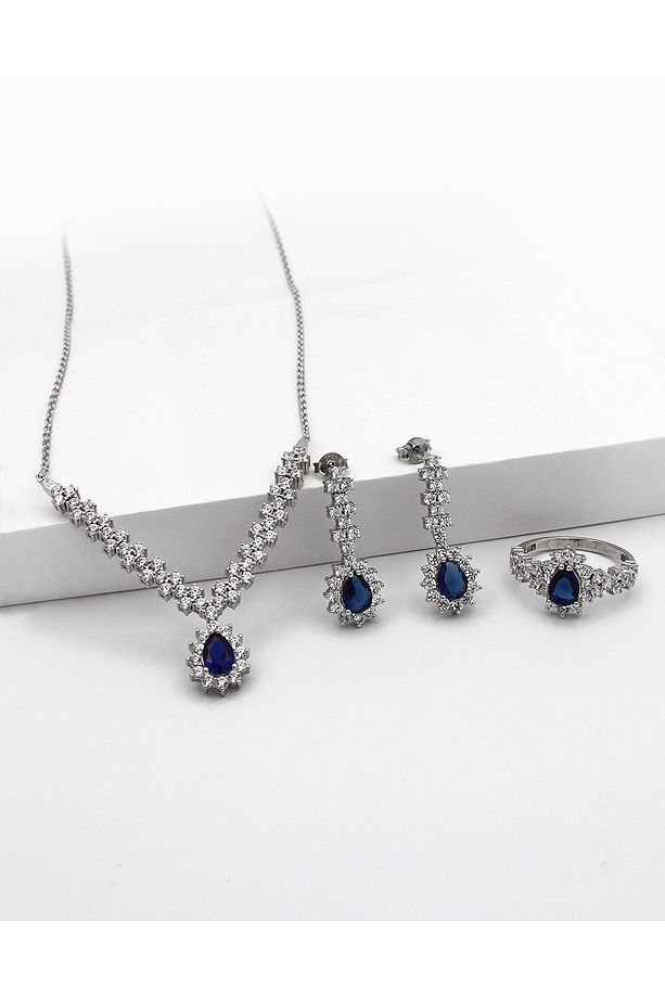 Serpme Taşlı Pırlanta Modeli Damla Safir Takı Seti - 3