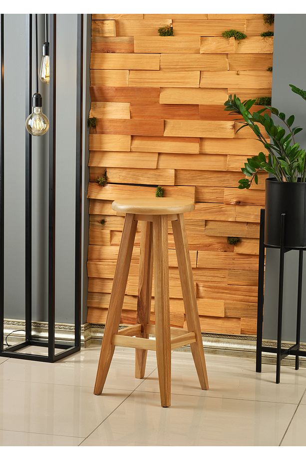 Şık Ve Dekoratif Ahşap Yüksek Yuvarlak Bar Taburesi 80 Cm - 2