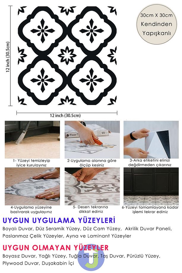 1adet Kendinden Yapışkanlı Modern Tasarımlı Mutfak Banyo Zemin Duvar Kaplama Pvc 30cm×30cm - 7