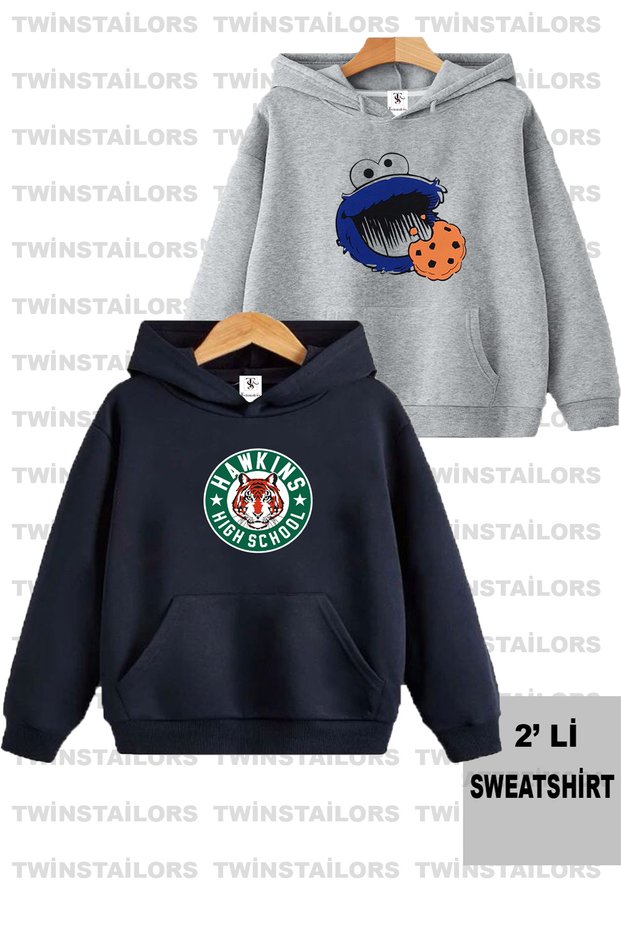 Cookie Monster Printed Unisex Double Pack Navy Blue-Grey Hooded Children's Sweatshirt Hoodie