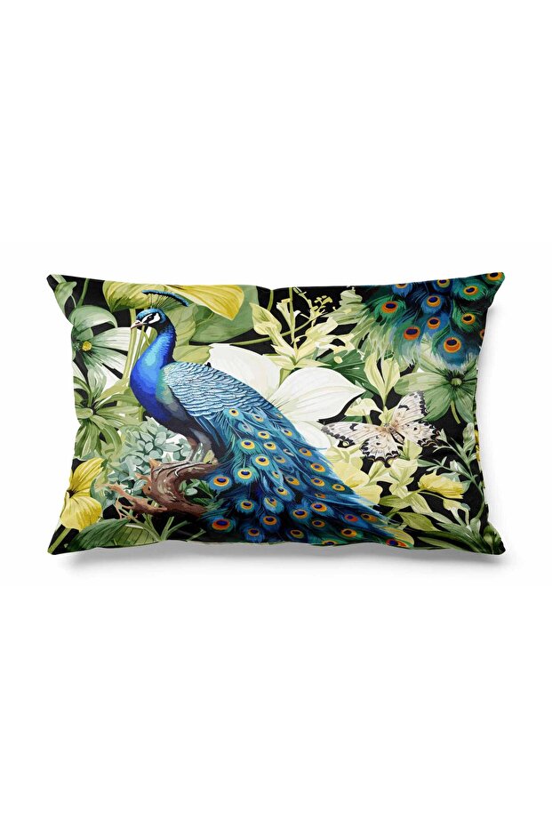 Rectangular Peacock Patterned Double Sided Printed Suede Throw Pillow Cover - 1