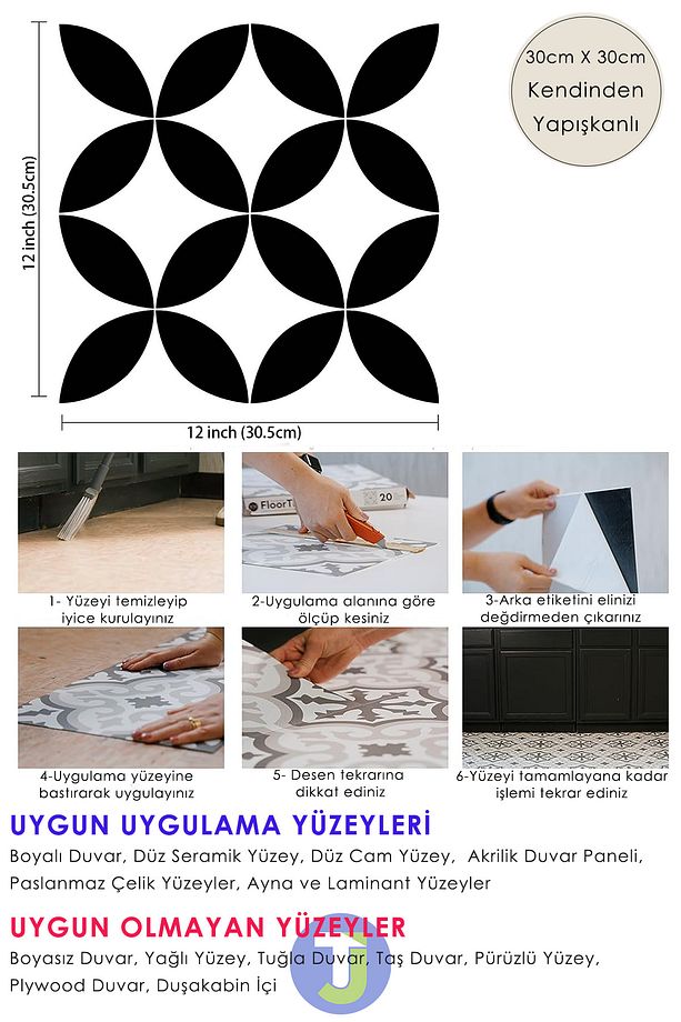1adet Kendinden Yapışkanlı Modern Tasarımlı Mutfak Banyo Zemin Duvar Kaplama Pvc 30cm×30cm - 5