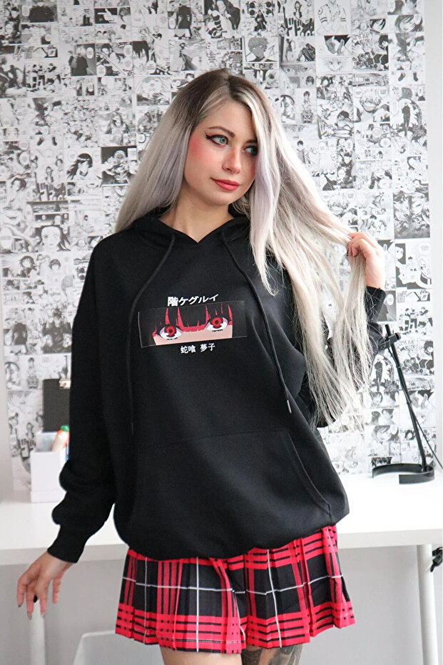 Y2K Harajuku Yumeko Anime Blackoversize Hooded Tech Aesthetic Sweatshirt