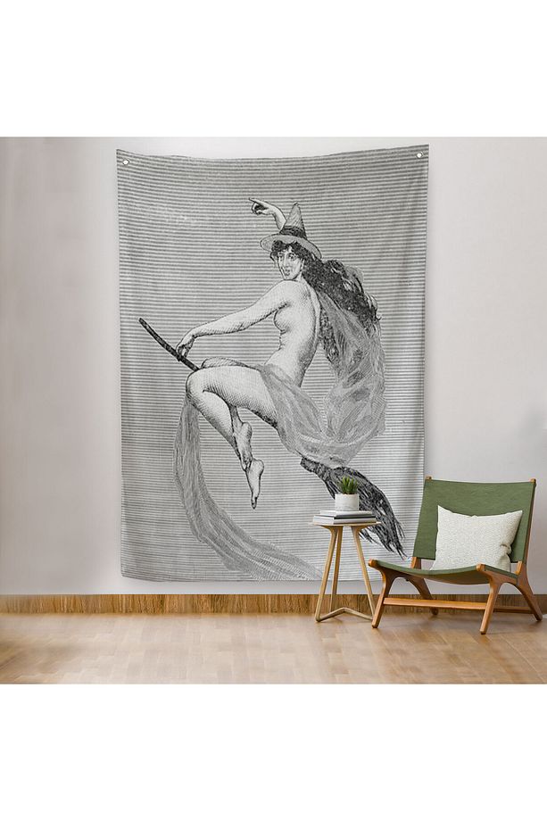 Süpürgedeki Cadı, Gotik Sanat Çıplak Cadı Duvar Örtüsü - Halısı-5190 - 6