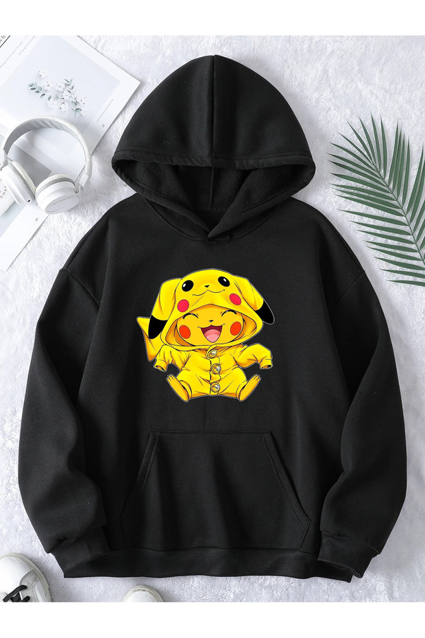Unisex Men/Women Pikachu Colorful Custom Printed Oversize Hooded Sweatshirt Black