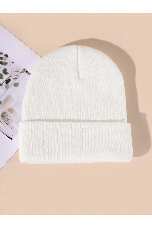 White Unisex Folded Knitwear Plain Beret