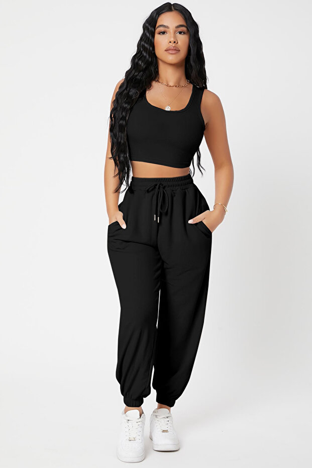 Kadın Siyah Kaşkorse Cepli Jogger Eşofman Altı ve Crop Top Bluz - 3