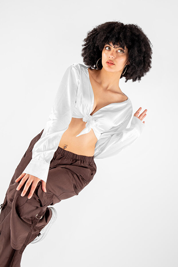 Bağlamalı Basic Beyaz Saten Bluz - 7