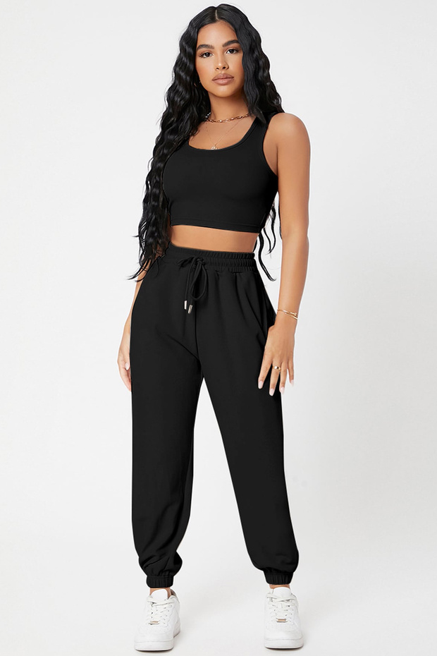 Kadın Siyah Kaşkorse Cepli Jogger Eşofman Altı ve Crop Top Bluz - 1