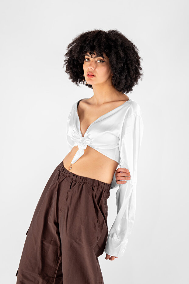 Bağlamalı Basic Beyaz Saten Bluz - 3