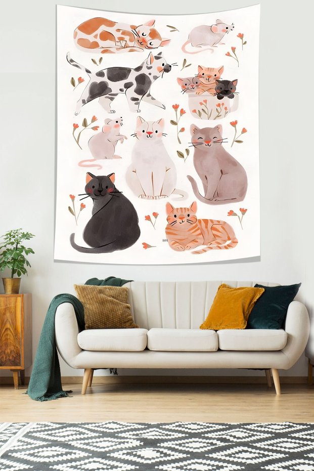 Cute Cats Stain Resistant Fabric Wall Cover Wall Carpet Tapestry