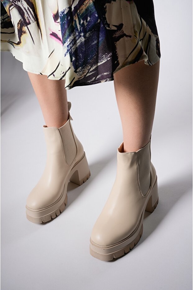 Kadın Topuklu Bot Bej Cilt - 4