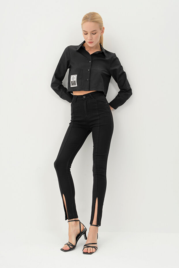 Women's Black Color Detailed Lycra Fabric Slim Fit Denim