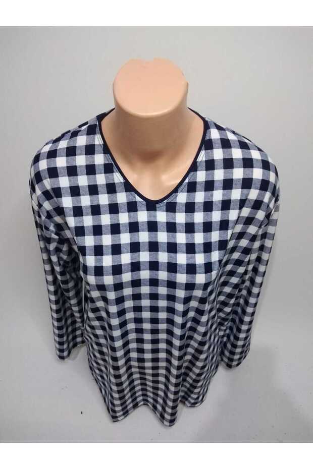 Women's Navy Blue Print V-Neck Long Sleeve Seasonal Suede Mother Combed Cotton T-Shirt Blouse with Slits on the Sides